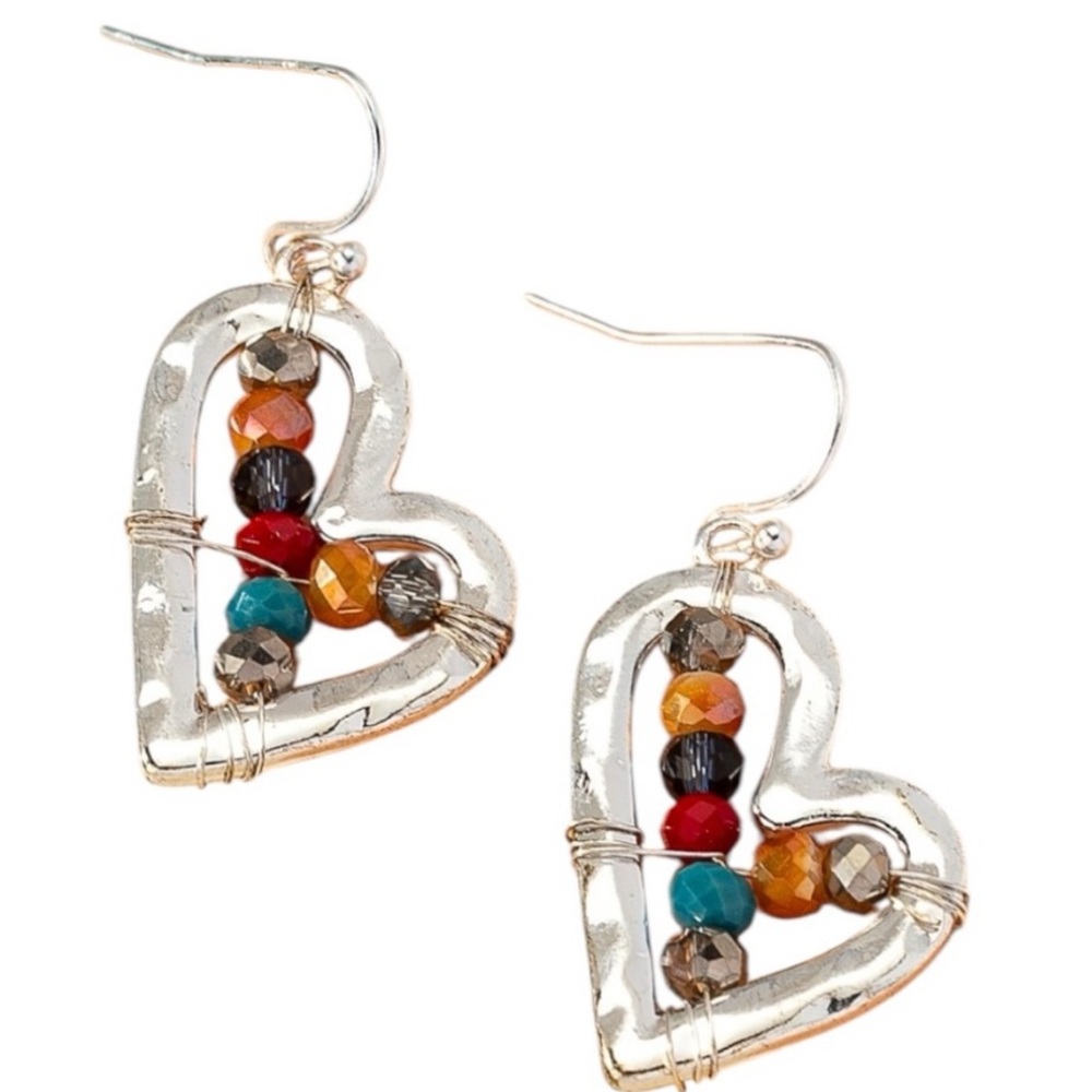 UNBRANDED SILVER Heart Earrings with BRIGHT Multicolor CRYSTAL GLASS Beads